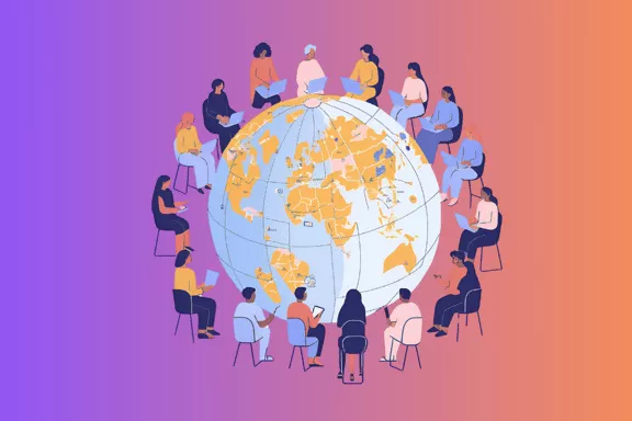 Colorful graphic of several people on digital devices gathered around a globe